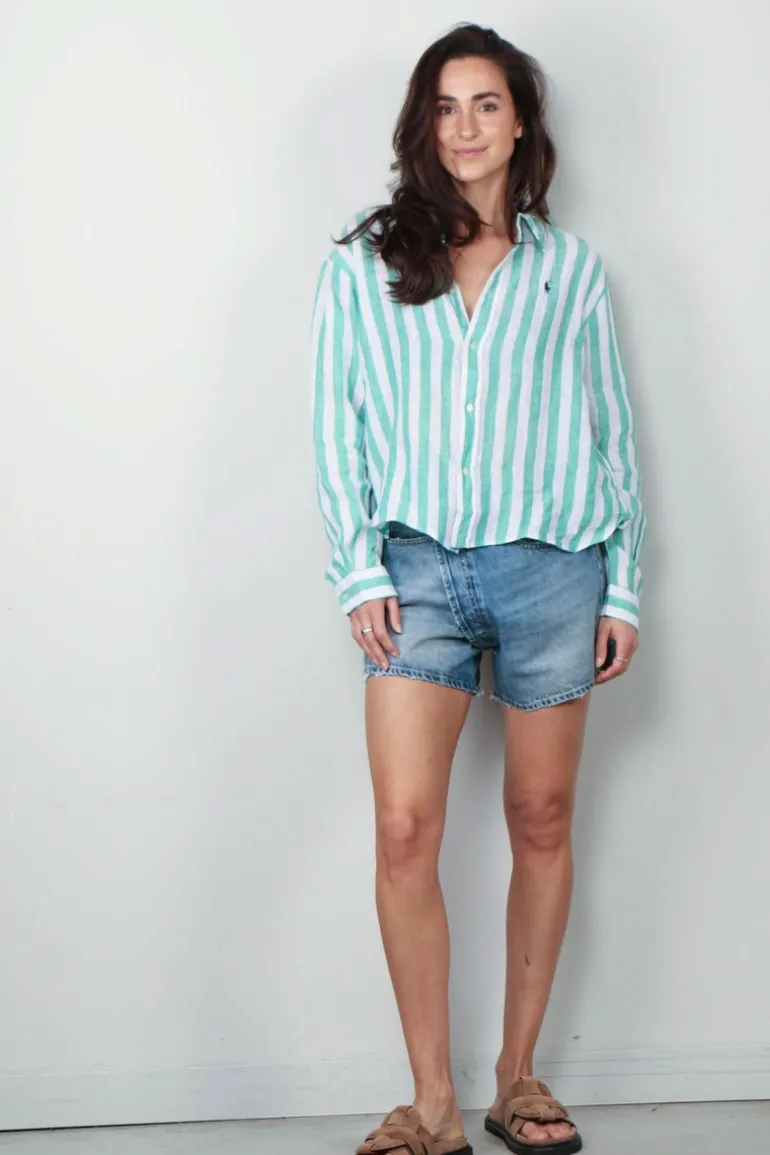 Ralph Lauren Blouse - N WD Crp St Long Sleeve Button Front Shirt - Green White