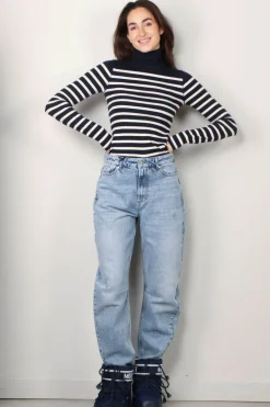Ralph Lauren Trui - Striped Ribbed Turtleneck - Hunter Navy / Guide Cream