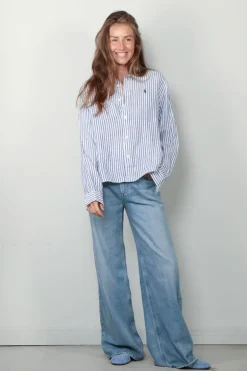 Ralph Lauren Blouse - N W Crp ST Long Sleeve Button Front Shirt - White / Blue