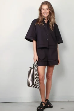 RÓHE Blouse - Ladder Embroidered Poplin Shirt - Black
