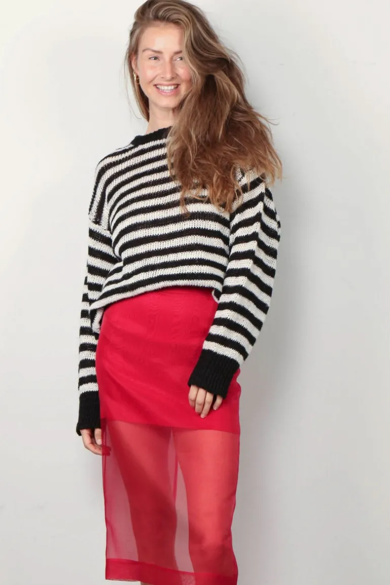 RÓHE Trui - Linen Knitted Jumper - Off White / Black Wide Stripe