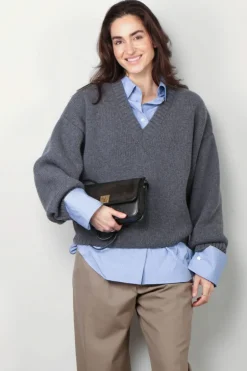 RÓHE Trui - Compact V-Neck Jumper - Mid Grey Melange