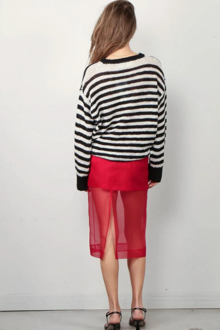 RÓHE Trui - Linen Knitted Jumper - Off White / Black Wide Stripe