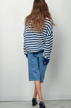 RÓHE Trui - Striped Linen Crew Neck - Cobalt / Cream Stripe