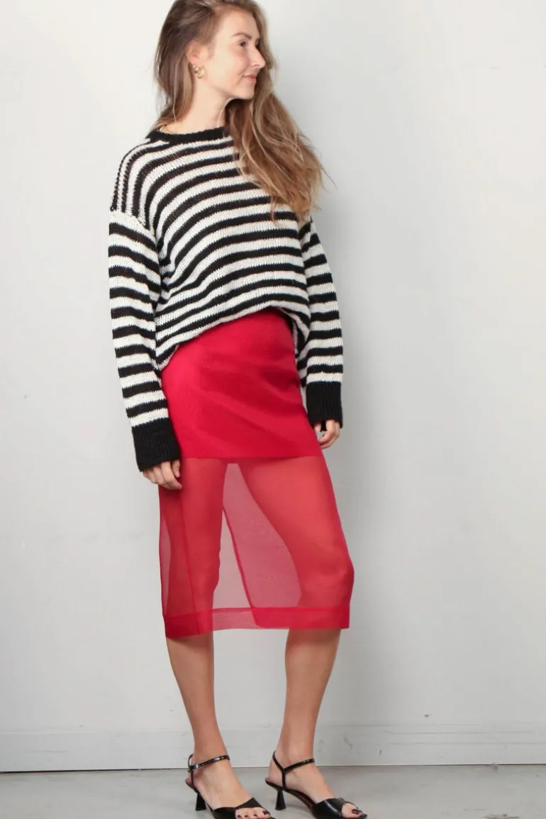 RÓHE Trui - Linen Knitted Jumper - Off White / Black Wide Stripe