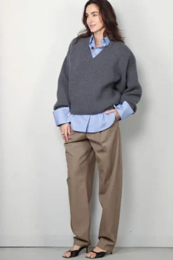 RÓHE Trui - Compact V-Neck Jumper - Mid Grey Melange