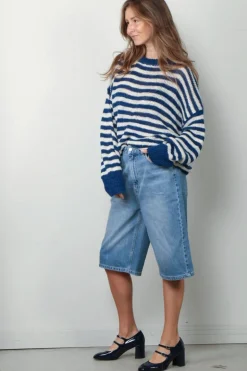 RÓHE Trui - Striped Linen Crew Neck - Cobalt / Cream Stripe