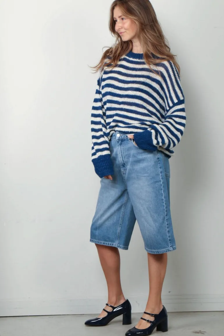 RÓHE Trui - Striped Linen Crew Neck - Cobalt / Cream Stripe