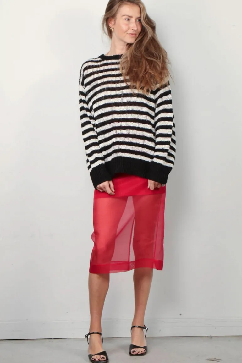 RÓHE Trui - Linen Knitted Jumper - Off White / Black Wide Stripe