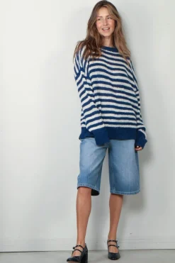 RÓHE Trui - Striped Linen Crew Neck - Cobalt / Cream Stripe