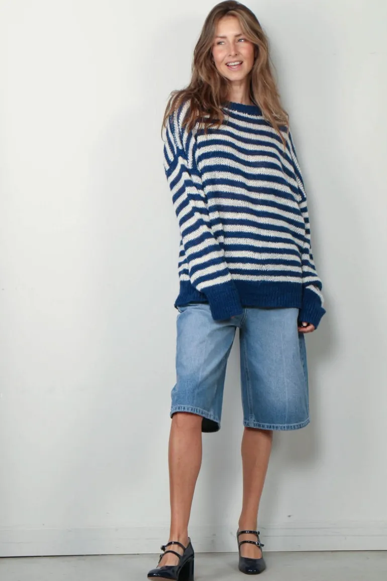 RÓHE Trui - Striped Linen Crew Neck - Cobalt / Cream Stripe