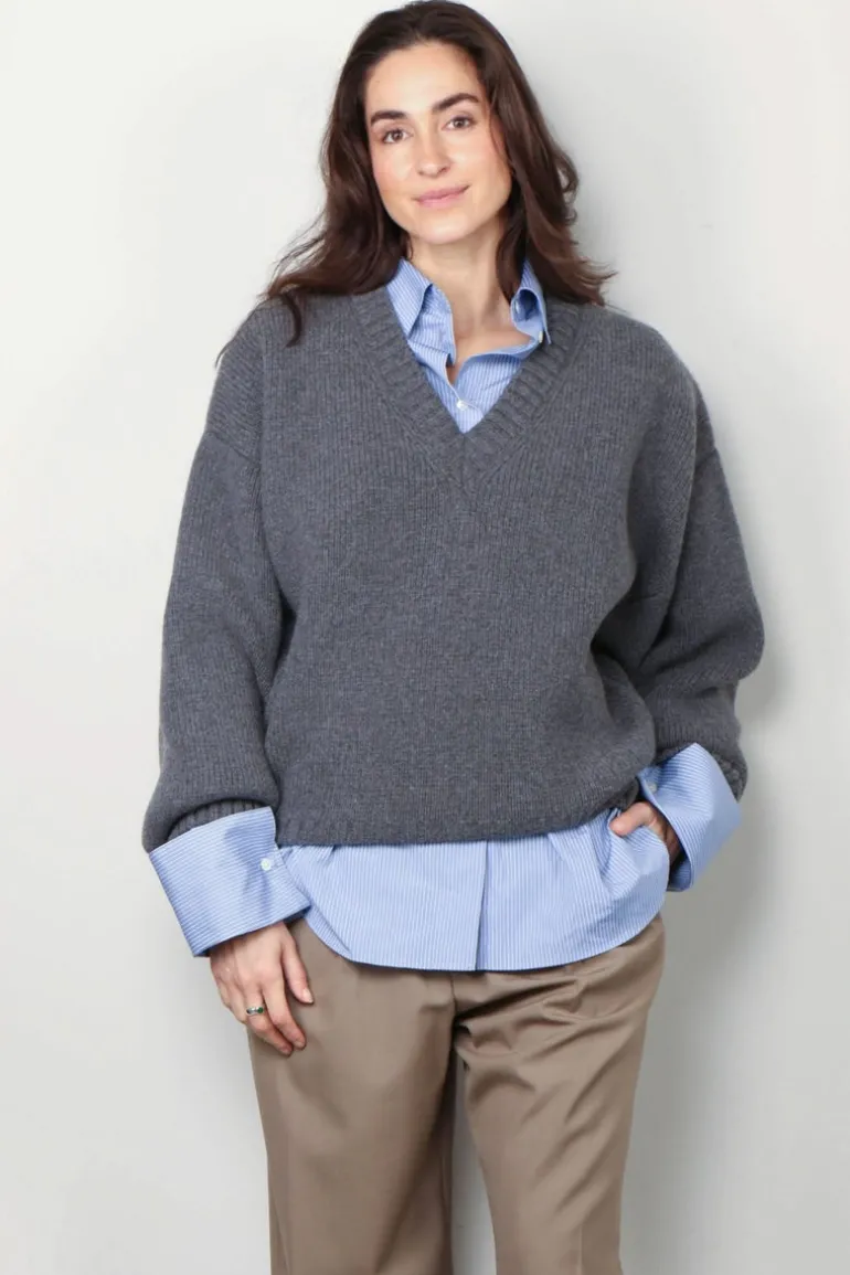 RÓHE Trui - Compact V-Neck Jumper - Mid Grey Melange