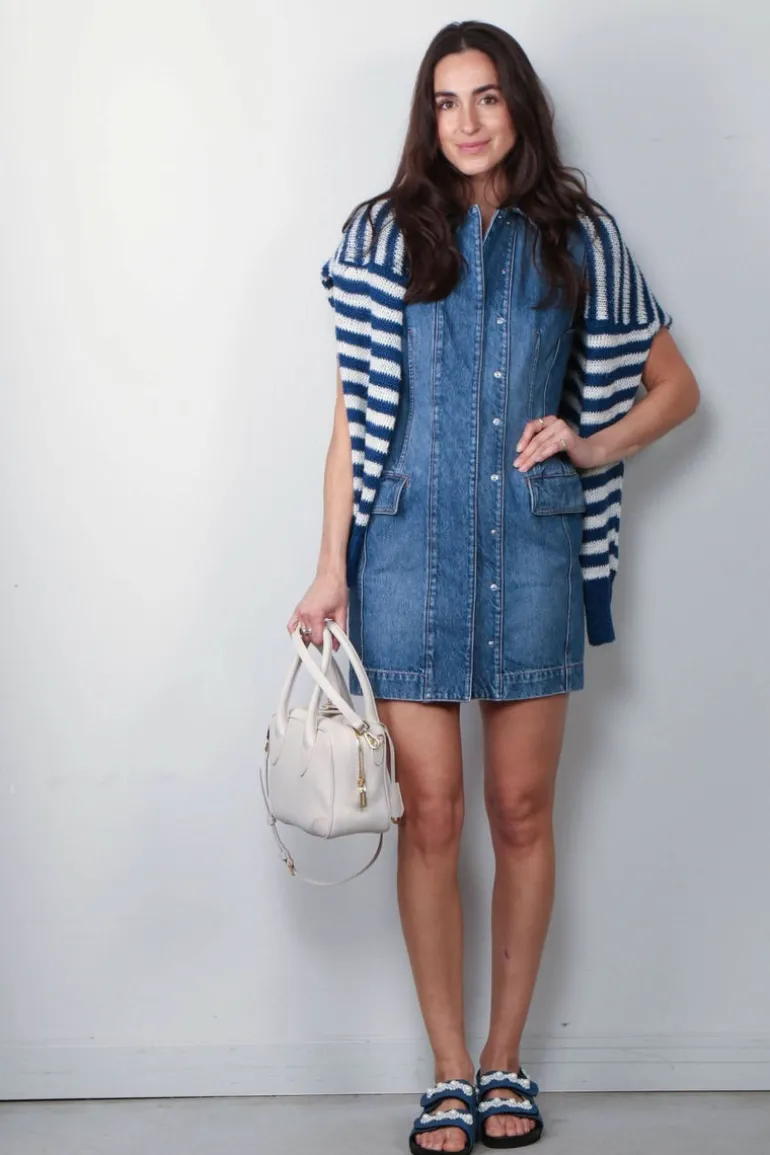 RÓHE Trui - Striped Linen Crew Neck - Cobalt / Cream Stripe
