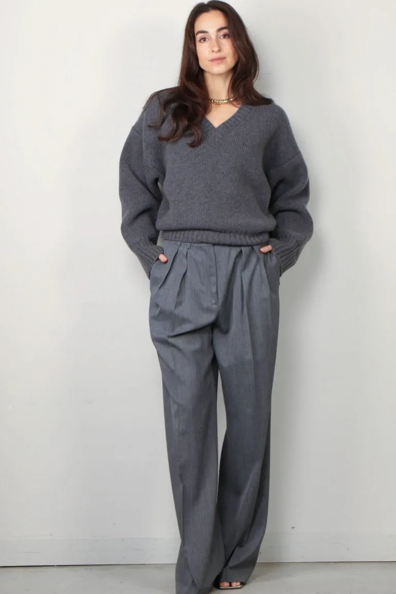 RÓHE Trui - Compact V-Neck Jumper - Mid Grey Melange