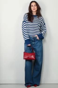 RÓHE Trui - Striped Linen Crew Neck - Cobalt / Cream Stripe