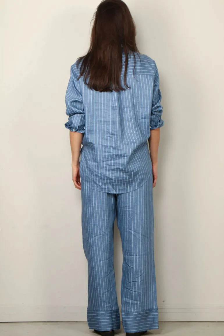 Sea Me Happy Blouse - Shibuya Blouse Shiny Linen - Light Blue Stripes