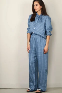 Sea Me Happy Blouse - Shibuya Blouse Shiny Linen - Light Blue Stripes