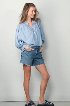Sea Me Happy Blouse - Balloon Blouse Denim Structure - Jeans Blue