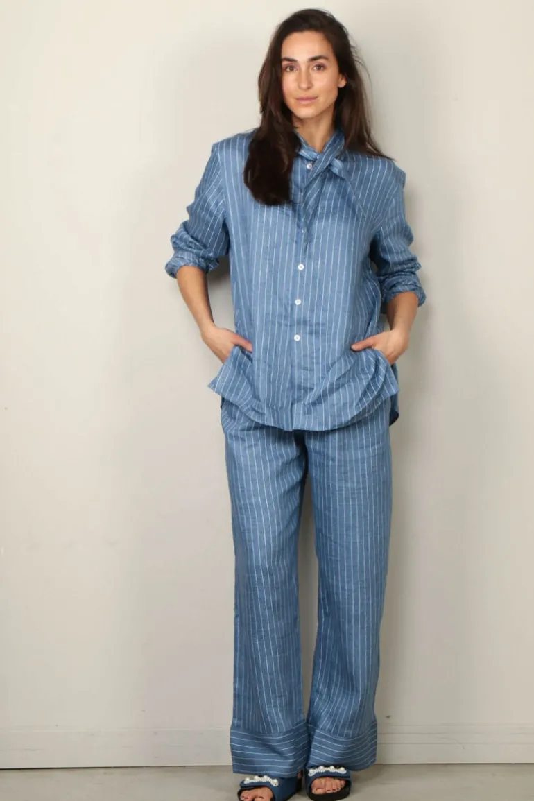 Sea Me Happy Blouse - Shibuya Blouse Shiny Linen - Light Blue Stripes