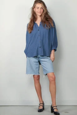 Sea Me Happy Blouse - Balloon Blouse Denim Structure - Indigo