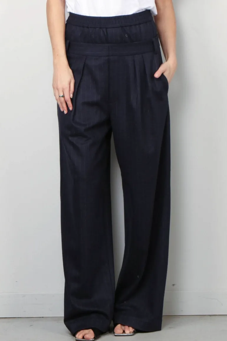 Tibi Broek - Newton Stripe Double Waist Boxer Trouser - Navy melange