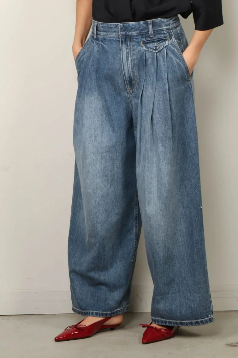 Tibi Broek - Spring Denim Triple Pleat Pant - Classic Blue
