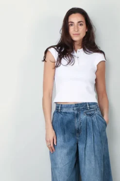 Tibi Top - Luxe Pique Shrunken Polo Shirt - White