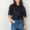 Tibi Top - Newton Stripe Sculpted Shrunken T-shirt - Navy melange