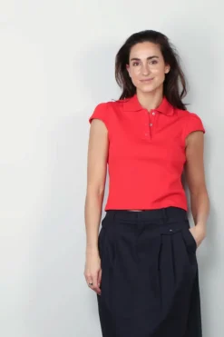 Tibi Top - Luxe Pique Shrunken Polo Shirt - Red