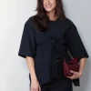 Tibi Top - Tropical Wool Tie Front T-Shirt - Navy
