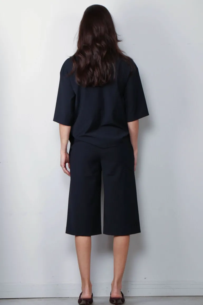Tibi Top - Tropical Wool Tie Front T-Shirt - Navy