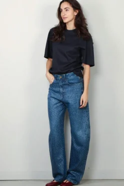 Tibi Top - Newton Stripe Sculpted Shrunken T-shirt - Navy melange