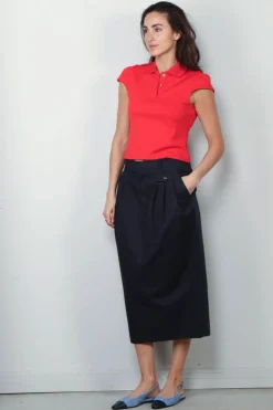 Tibi Top - Luxe Pique Shrunken Polo Shirt - Red