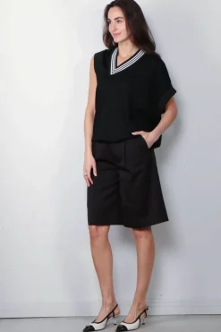 Tibi Top - Wool Jersey Vneck Tennis Vest - Black