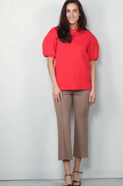 Tibi Top - Luxe Pique Polo Shirt - Red