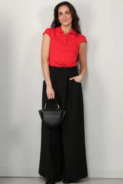 Tibi Top - Luxe Pique Shrunken Polo Shirt - Red