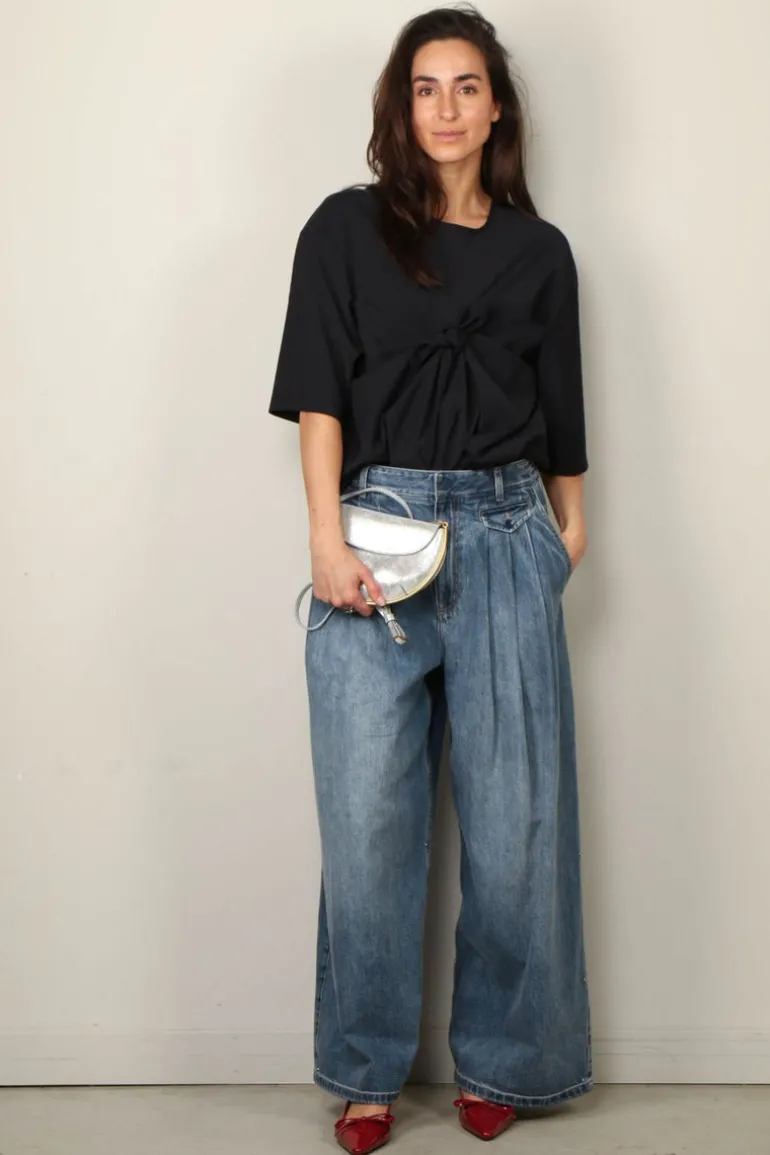 Tibi Top - Tropical Wool Tie Front T-Shirt - Navy
