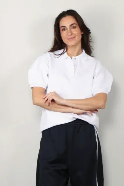 Tibi Top - Luxe Pique Polo Shirt - White