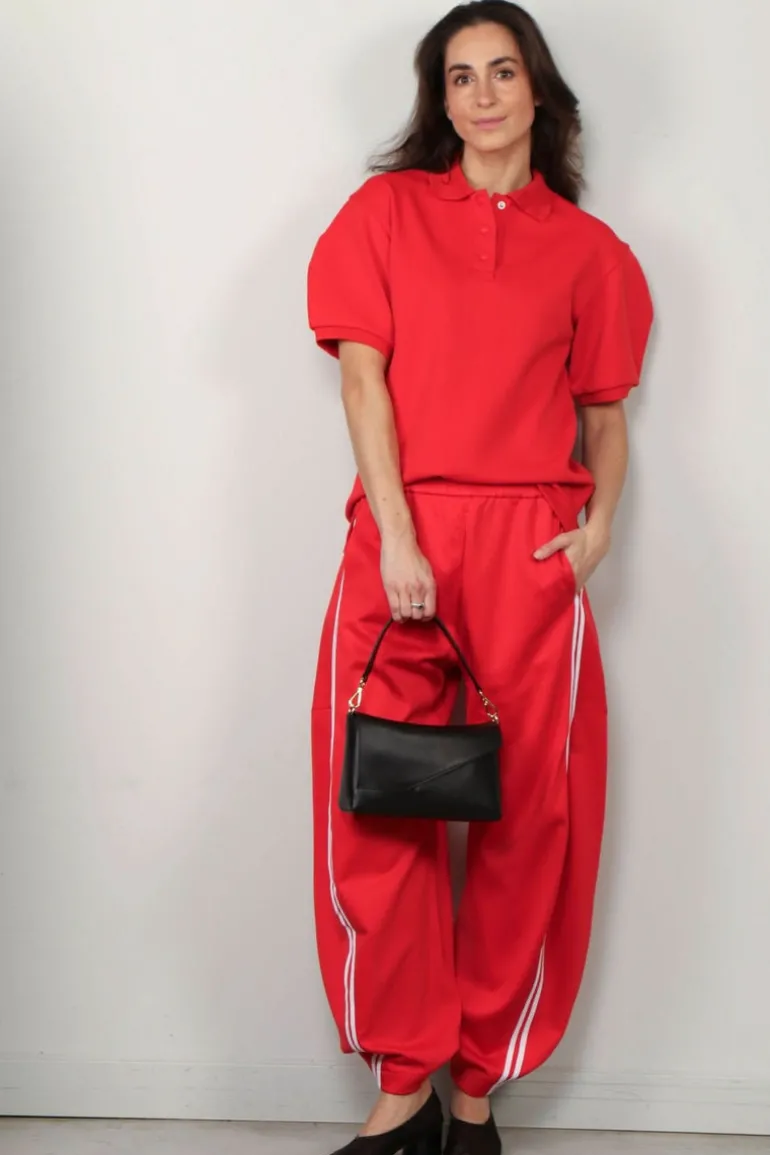 Tibi Top - Luxe Pique Polo Shirt - Red